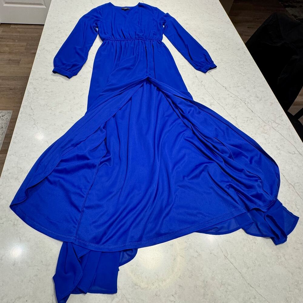 Lulus Wondrous Water Lilies Long Sleeve Maxi Dress Women’s Large Royal Blue - Picture 15 of 16